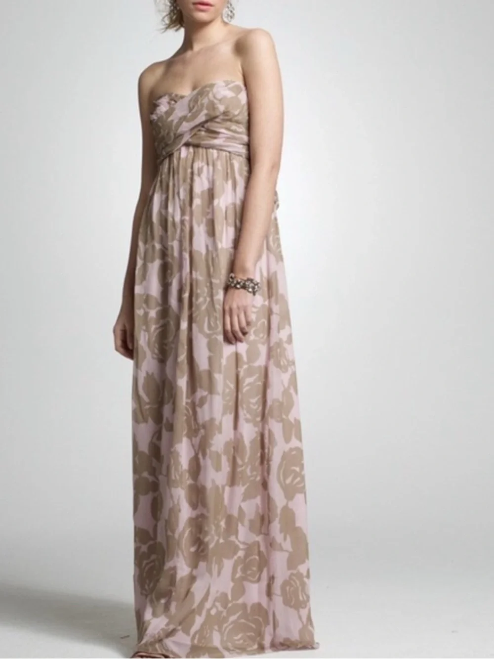 J. Crew Rose Tan 100% Silk Chiffon Long Maxi Dress Sweetheart Neck Gown Size 4